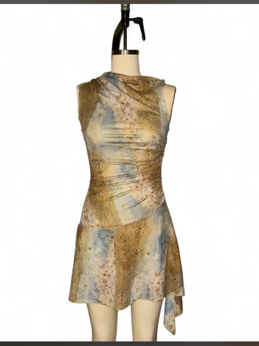 Cider Sleeveless Paisley-Print Mini Dress in Beige and Light Blue
